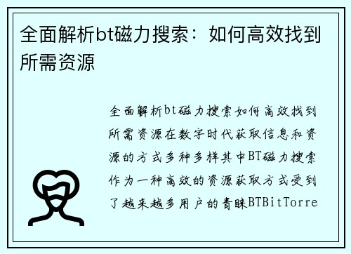 全面解析bt磁力搜索：如何高效找到所需资源